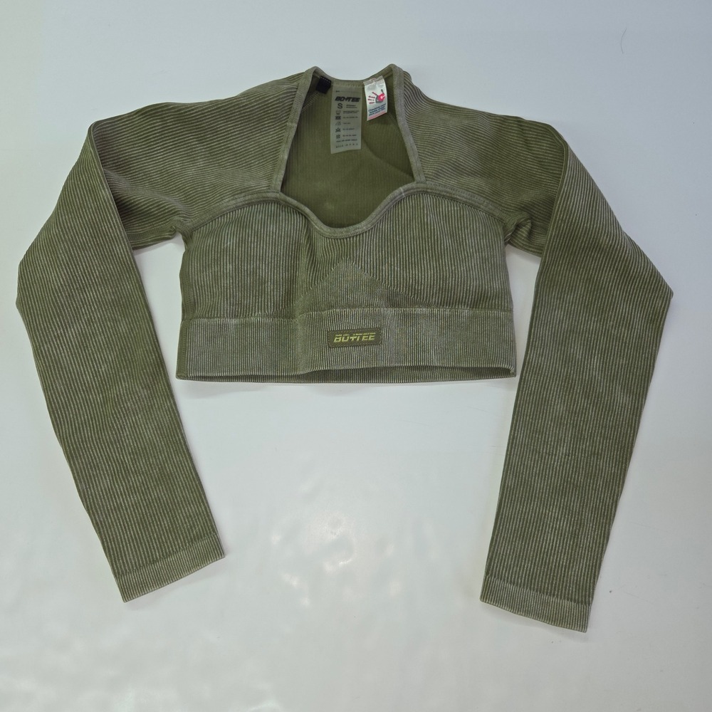 Bo+Tee Crop Top Womens Small Olive Green Ribbed Seamless Long Sleeve Acid Wash